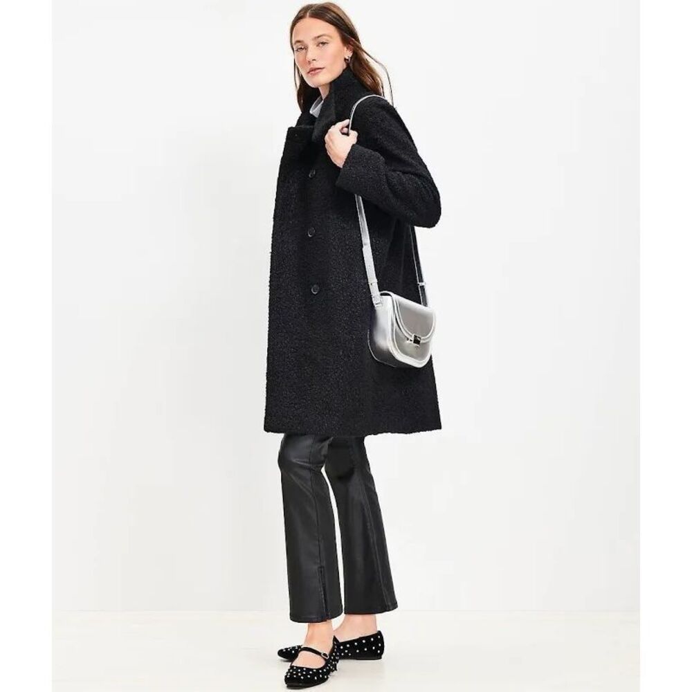 Ann Taylor LOFT $210 Black Curly Funnel Neck Coat Medium Womens NEW